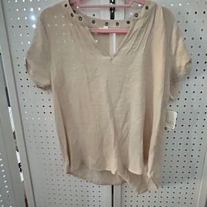 MINE Womens Beige Top Eyelet V Neck Short Sleeve Blouse Size L